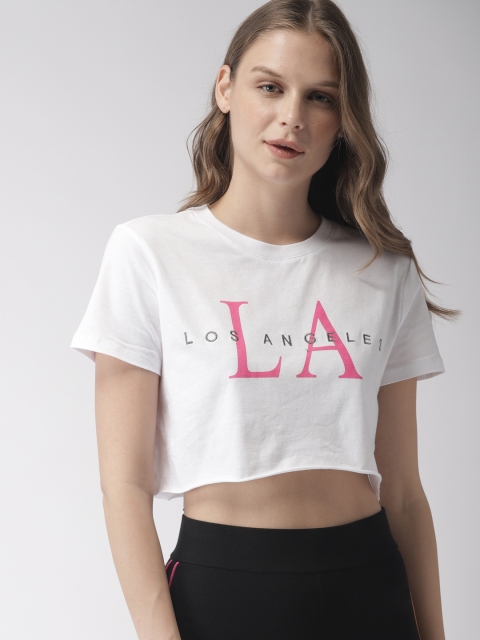 

FOREVER 21 Women White Printed Boxy Fit Round Neck Crop T-shirt