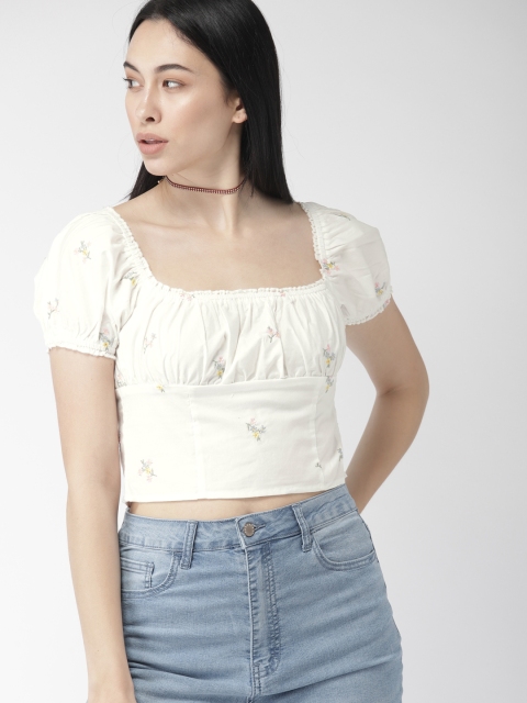 

FOREVER 21 Women White Printed Fitted Embroidered Crop Top