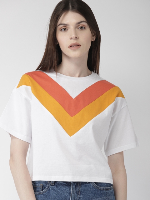 

FOREVER 21 Women White & Orange Striped Round Neck Boxy T-shirt