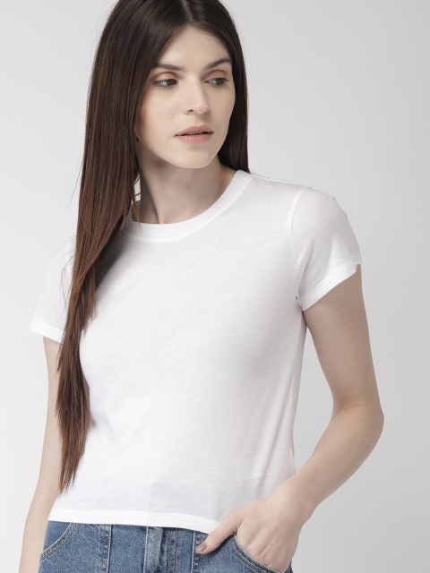 

FOREVER 21 Women White Solid Round Neck T-shirt