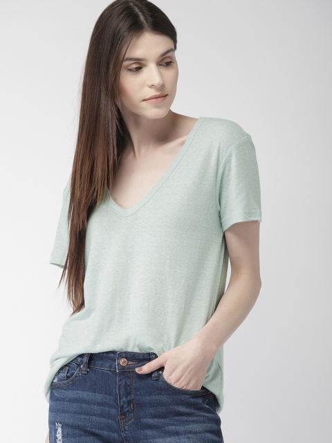 

FOREVER 21 Women Mint Green Solid V-Neck T-shirt