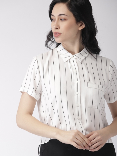 

FOREVER 21 Women White & Black Striped Casual Boxy Shirt