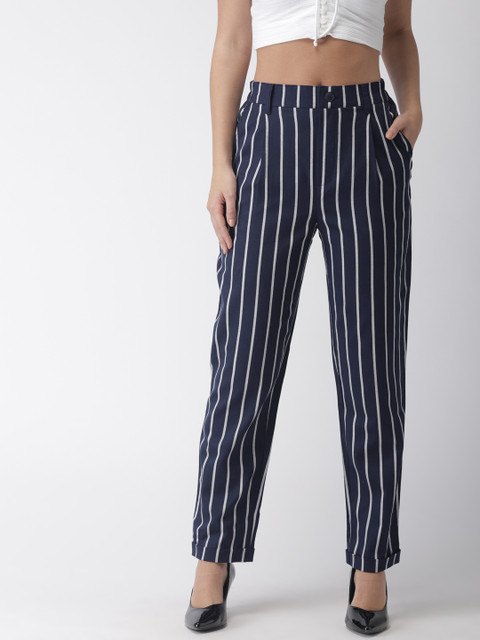 

FOREVER 21 Women Navy Blue & White Regular Fit Striped Regular Trousers