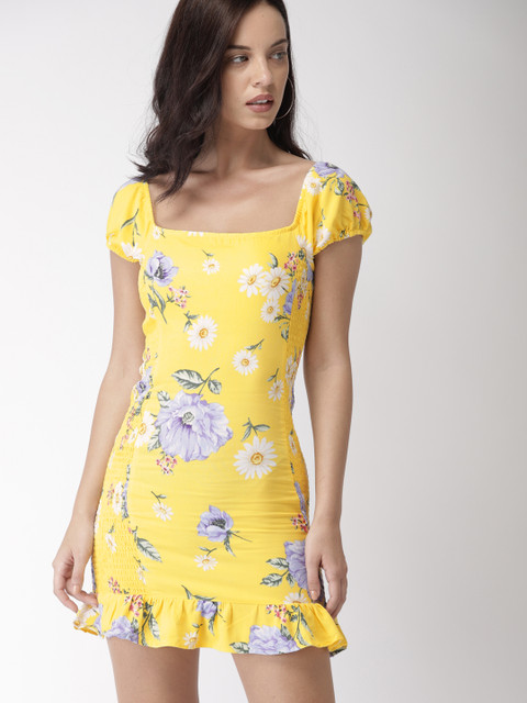 

FOREVER 21 Women Yellow Printed Sheath Dress