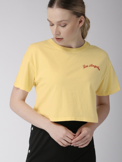 

FOREVER 21 Women Yellow Solid Round Neck Cropped T-shirt