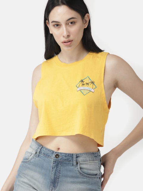 

FOREVER 21 Women Yellow Solid Boxy Fit Round Neck Cropped Pure Cotton T-shirt