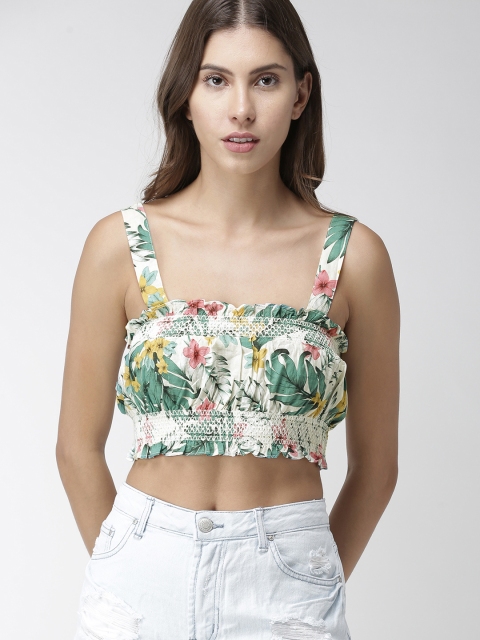 

FOREVER 21 Women Green & White Printed Cropped Bralette Top