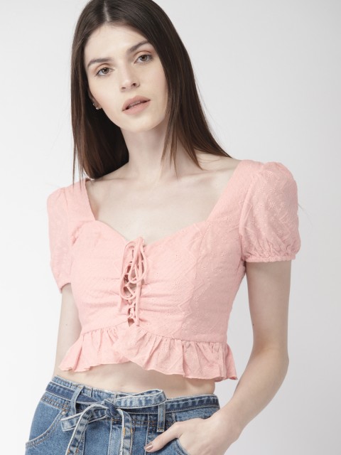 

FOREVER 21 Women Pink Embroidered Peasant Crop Pure Cotton Top