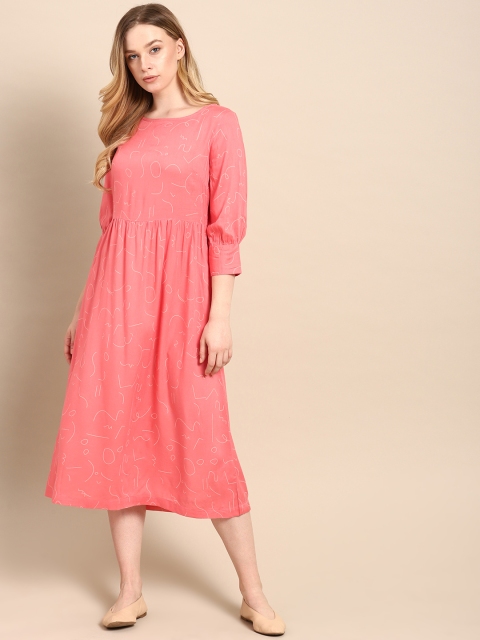 

ether Women Coral Pink Printed Fit and Flare Dress