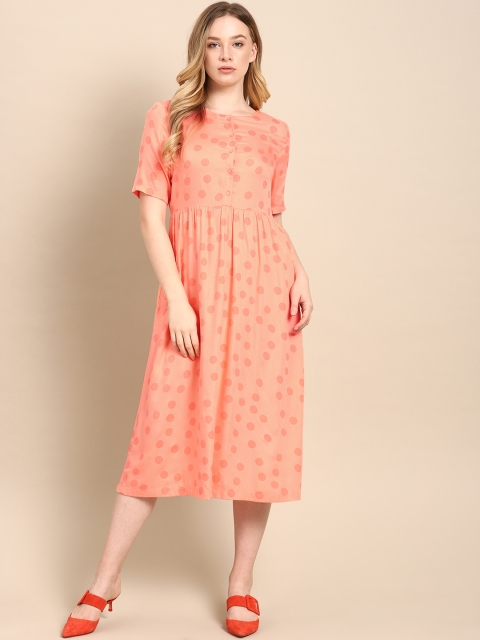 

ether Women Peach-Coloured Polka Dots Fit and Flare Dress