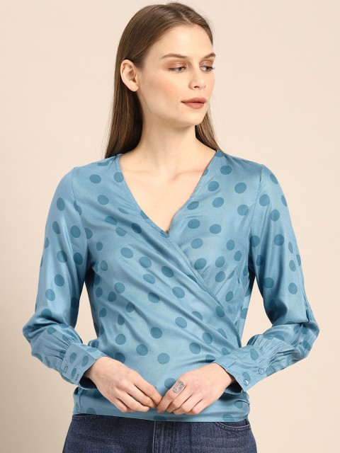 

ether Women Blue Printed Wrap Top