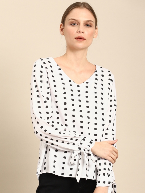 

ether Women White & Black V-Neck Top with Tie-Up Sleeves