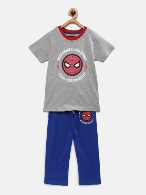 

TAMBOURINE Boys Grey Melange & Blue Printed Night Suit DHS-BNST-0133