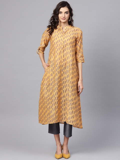 

PINKSKY Women Mustard Yellow & Grey Printed Kurta with Trousers