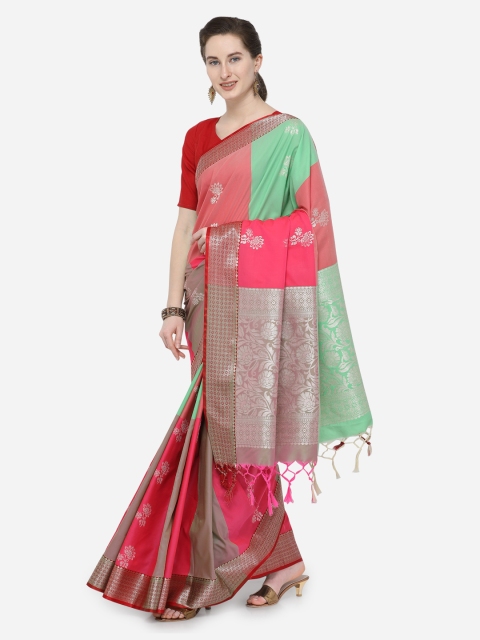 Varkala Silk Sarees Women Coral & Green Silk Blend Woven Design Banarasi Saree