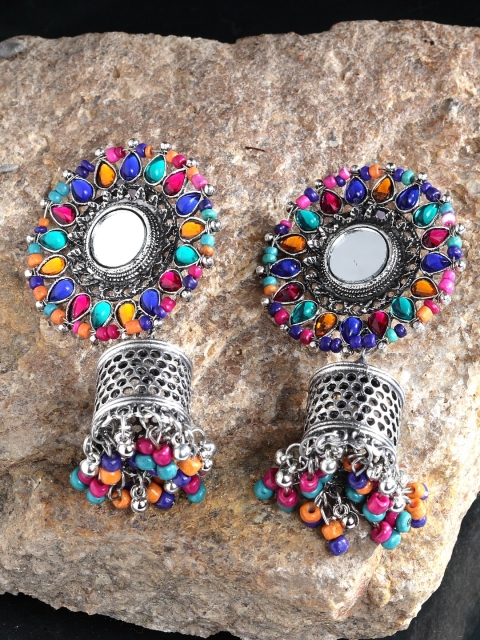 

Moedbuille Multicoloured & Silver-Toned Dome Shaped Jhumkas, Multi