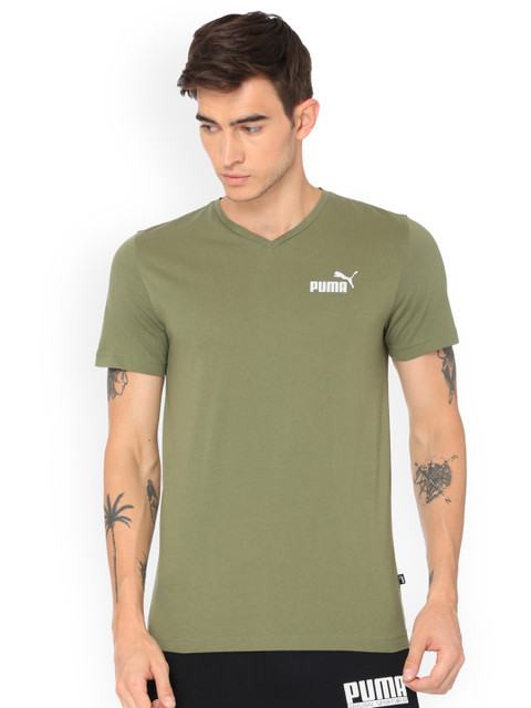 

Puma Men Olive Green Solid V-Neck T-shirt ESS+ V Neck Tee Olivine