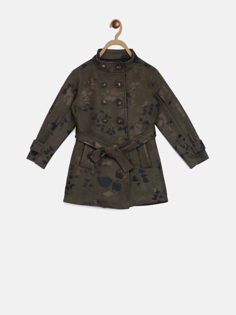 

Blue Giraffe Girls Olive Green Printed Trench Coat