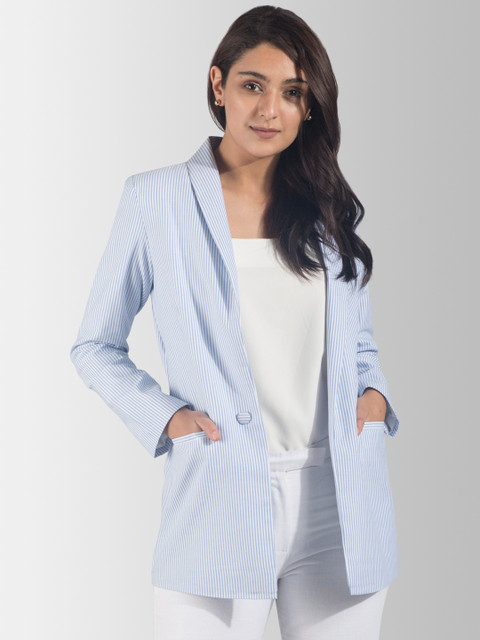 

FableStreet Women Blue Striped Regular-Fit Single-Breasted Blazer