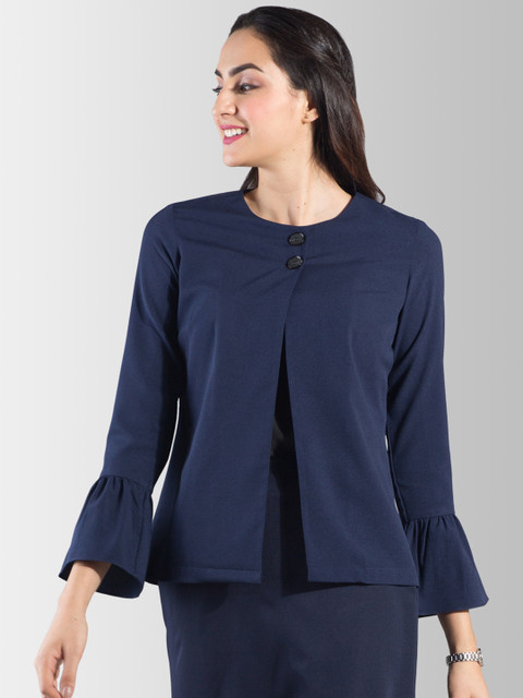 

FableStreet Women Navy Blue Solid Bell Sleeves Tailored Jacket
