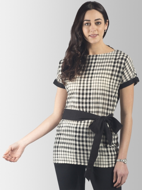 

FableStreet Women Cream-Coloured Checked Cinched Waist Top