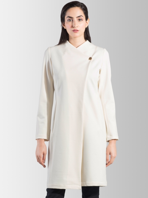 

FableStreet Women Off-White Solid Regular-Fit Wrap Coat