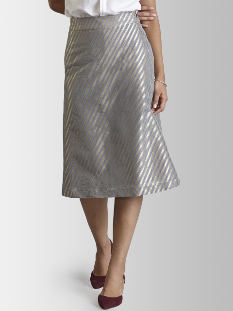 

FableStreet Women Grey & Gold-Coloured Striped A-Line Skirt