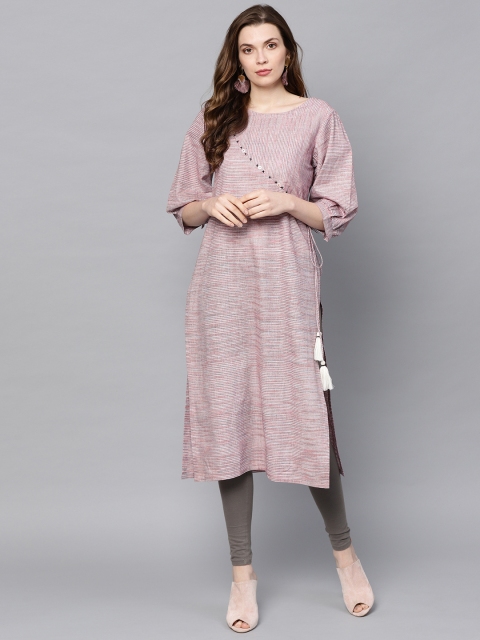 

Varanga Women Pink & Grey Self-Striped Straight Kurta