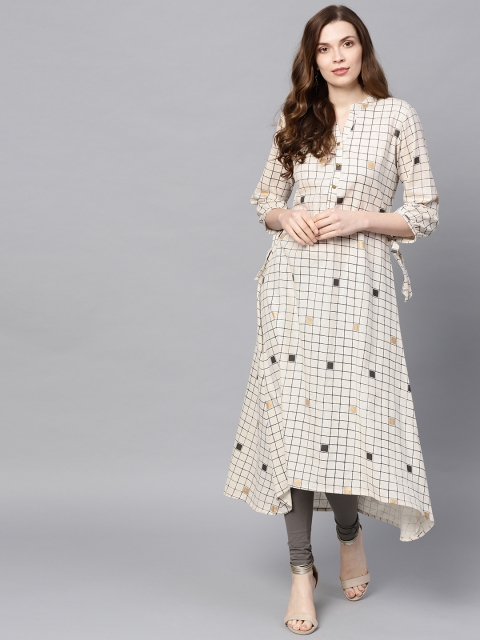 

Varanga Women Off-White & Olive Green Checked A-Line Kurta