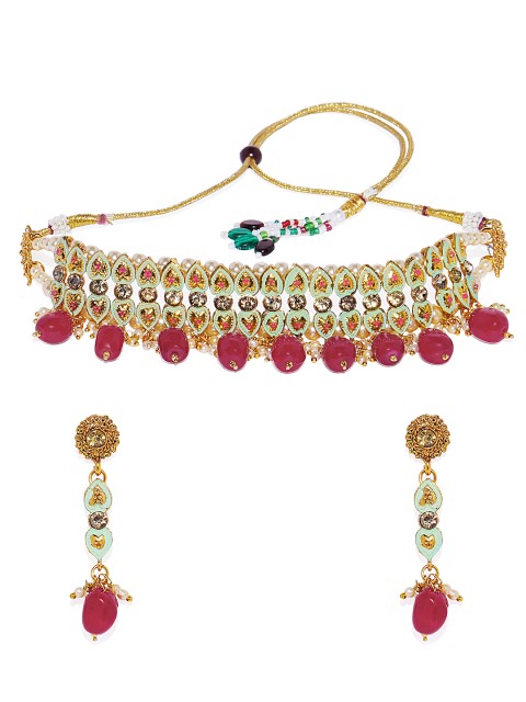

Spargz Gold Plated AD Diamond & Pearl Meenakari Jewellery Set
