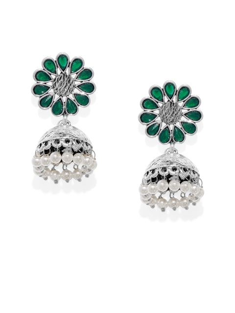 

Spargz Women Silver-Toned & Green Rhodium-Plated Dome-Shaped Jhumkas