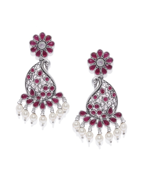 

Spargz Silver-Toned & Pink Peacock Shaped Drop Earrings
