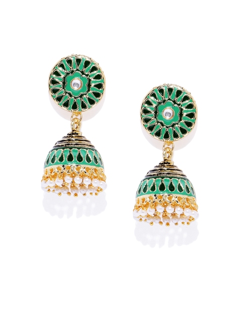 

Spargz Women Gold-Plated & Green Dome-Shaped Jhumkas