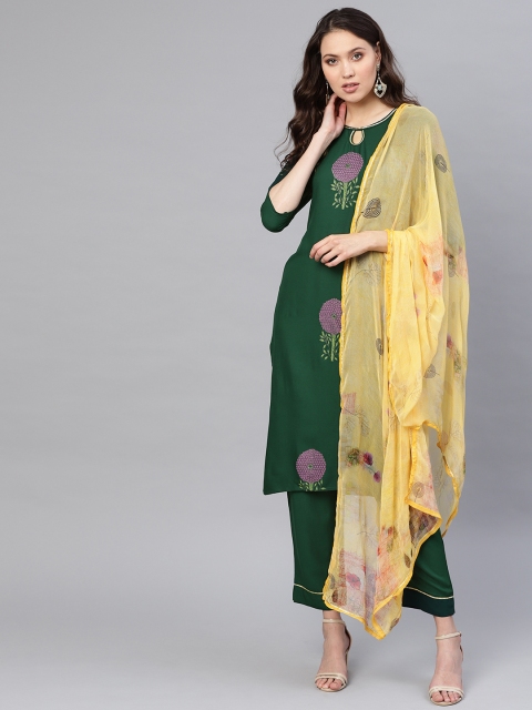 

Ahalyaa Women Green & Yellow Printed Kurta with Trousers & Dupatta