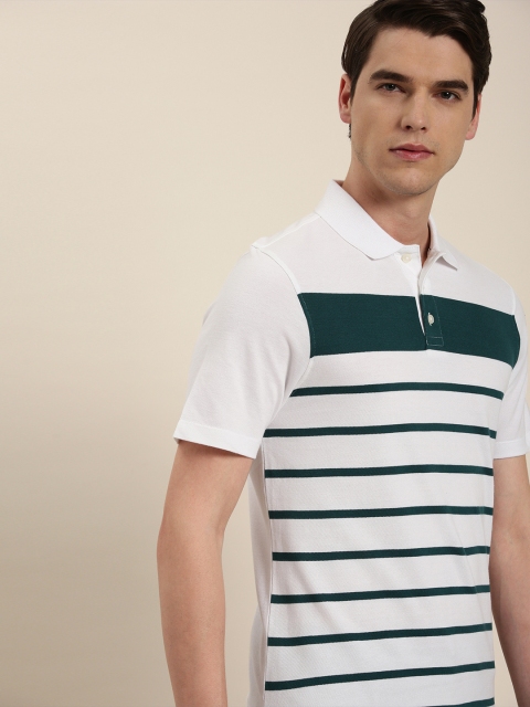

INVICTUS Men White & Teal Green Striped Polo Collar T-shirt