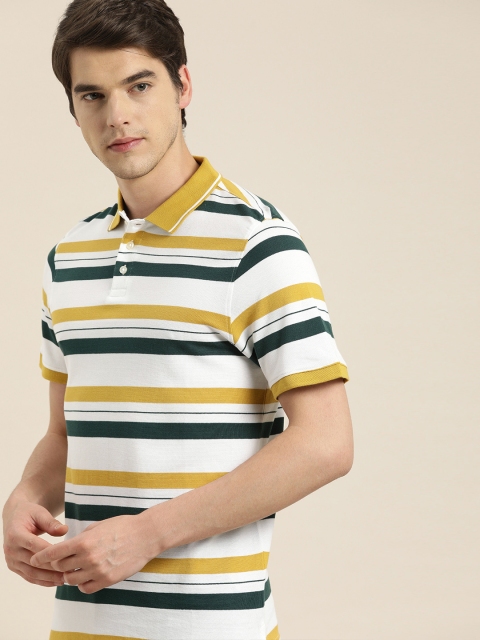 

INVICTUS Men White Mustard Yellow Striped Slim Fit Polo Collar Pure Cotton T-shirt