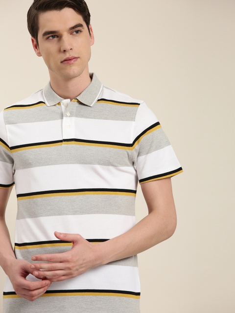 

INVICTUS Men White Grey Striped Slim Fit Polo Collar Pure Cotton T-shirt