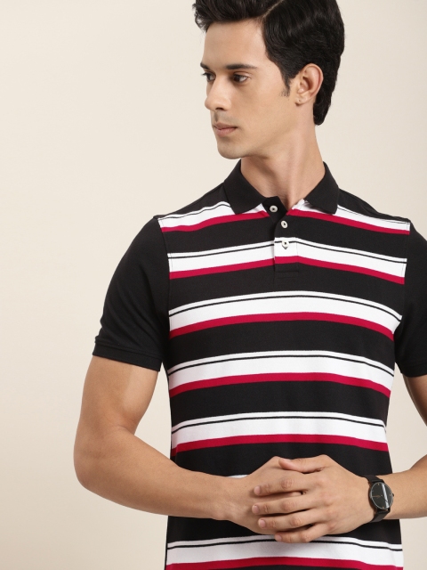 

INVICTUS Men Black White Striped Polo Collar Pure Cotton T-shirt