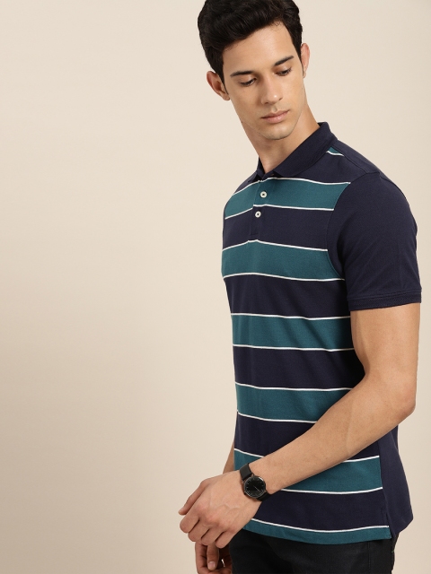 

INVICTUS Men Blue Teal Green Striped Polo Collar Pure Cotton T-shirt