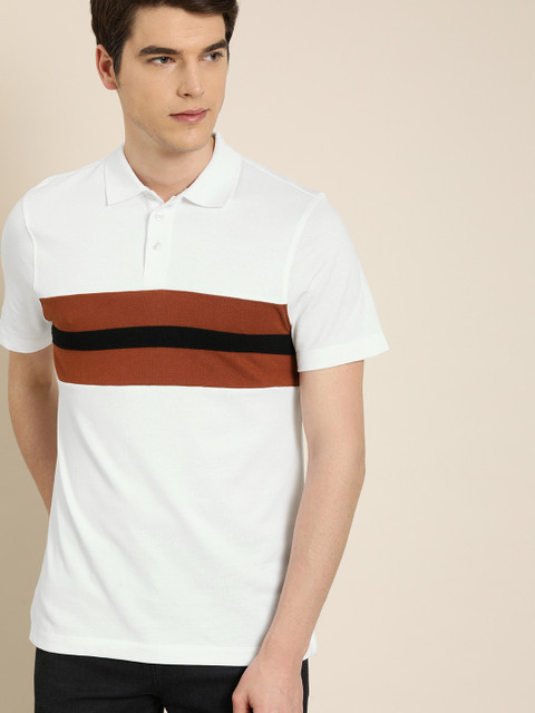 

INVICTUS Men White Striped Slim Fit Polo Collar T-shirt