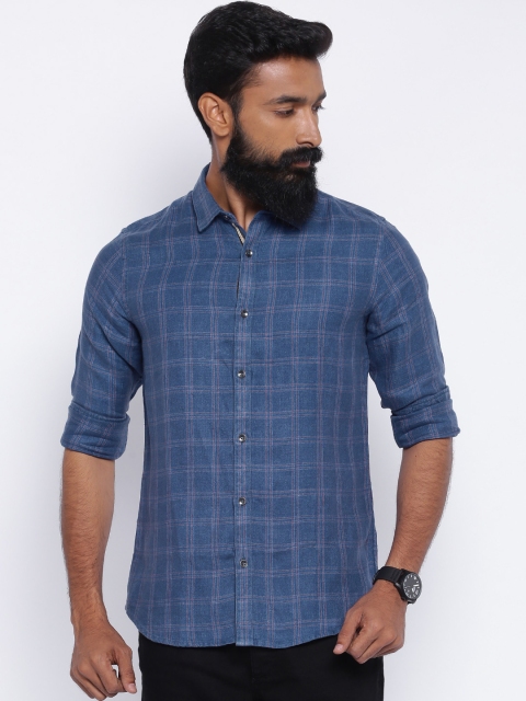 

United Colors of Benetton Blue Checked Linen Casual Shirt