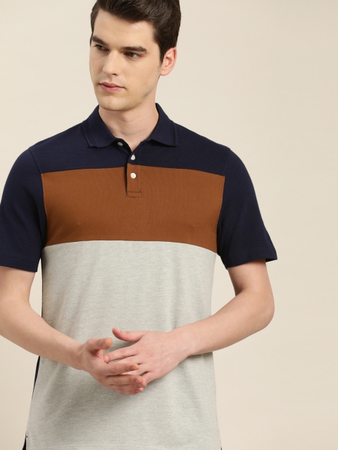 

INVICTUS Men Grey Brown Colourblocked Slim Fit Polo Collar Pure Cotton T-shirt