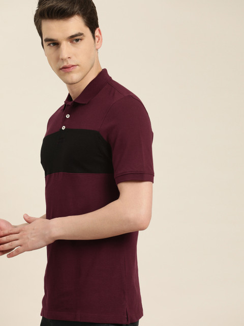 

INVICTUS Men Maroon Black Colourblocked Slim Fit Polo Collar Pure Cotton T-shirt