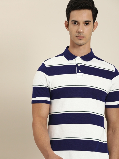 

INVICTUS Men White & Navy Blue Striped Slim Fit Polo Collar T-shirt