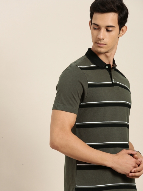 

INVICTUS Men Olive Green Black Striped Polo Collar Pure Cotton T-shirt