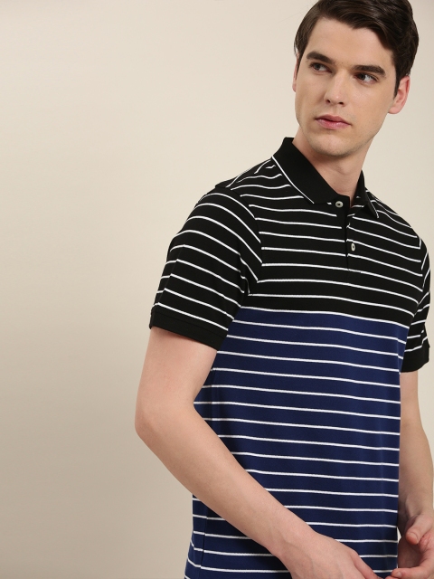 

INVICTUS Men Navy Blue White Striped Slim Fit Polo Collar Pure Cotton T-shirt