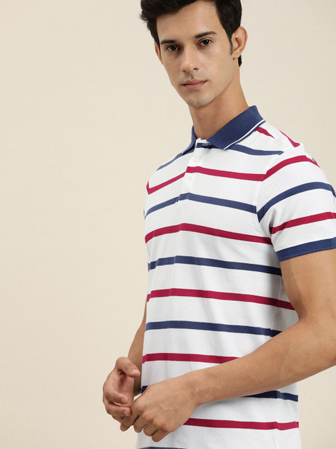 

INVICTUS Men White Striped Slim-Fit Polo Collar Pure Cotton T-shirt