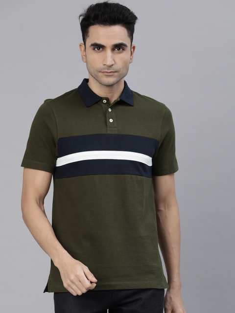 

INVICTUS Men Olive Green & Navy Blue Slim Fit Striped Polo Collar T-shirt