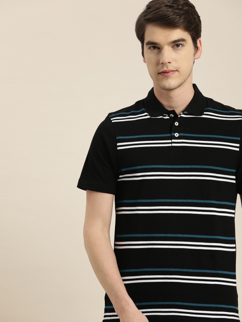 

INVICTUS Men Black White Striped Slim Fit Polo Collar Pure Cotton T-shirt