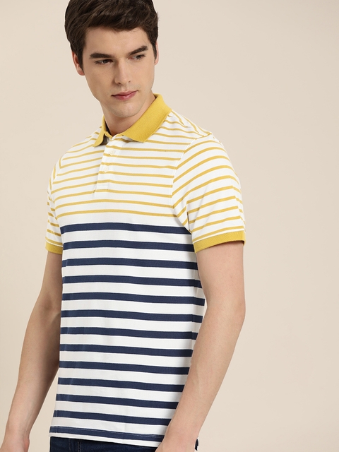INVICTUS Men White & Mustard Yellow Striped Polo Collar T-shirt - buy ...